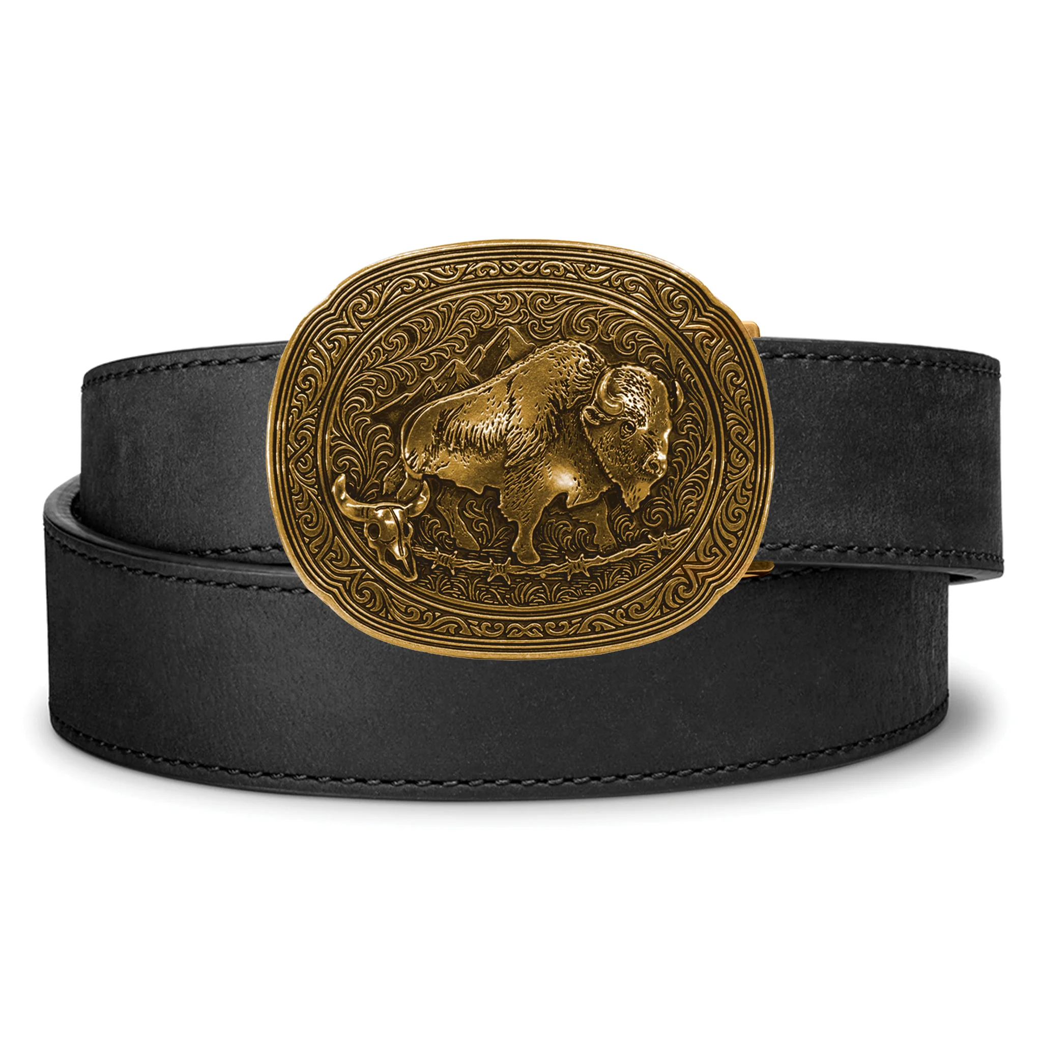 BISON ANTIQUE BRASS BUCKLE | BUFFALO LEATHER GUN BELT 1.5" - Image 2