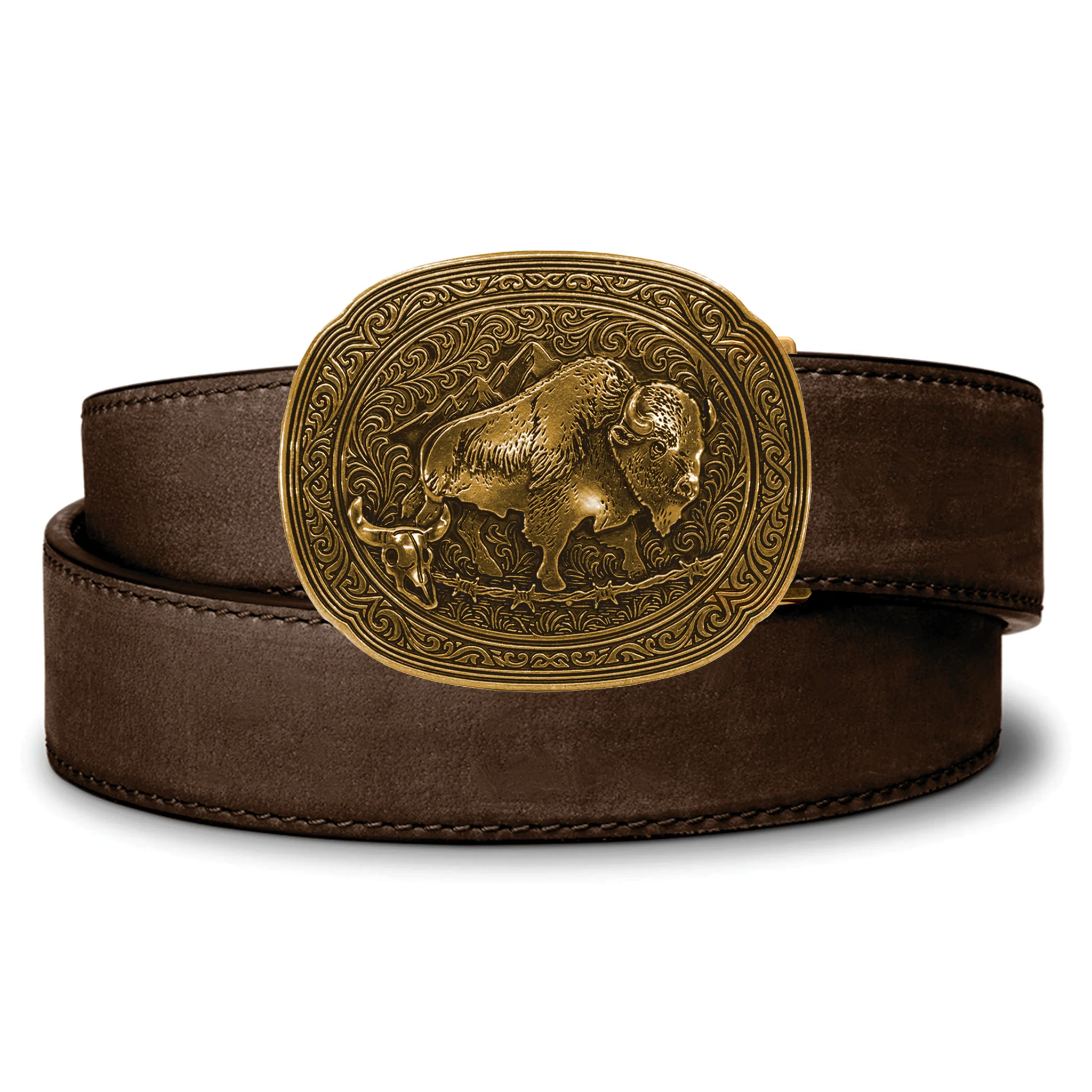 BISON ANTIQUE BRASS BUCKLE | BUFFALO LEATHER GUN BELT 1.5" - Image 3