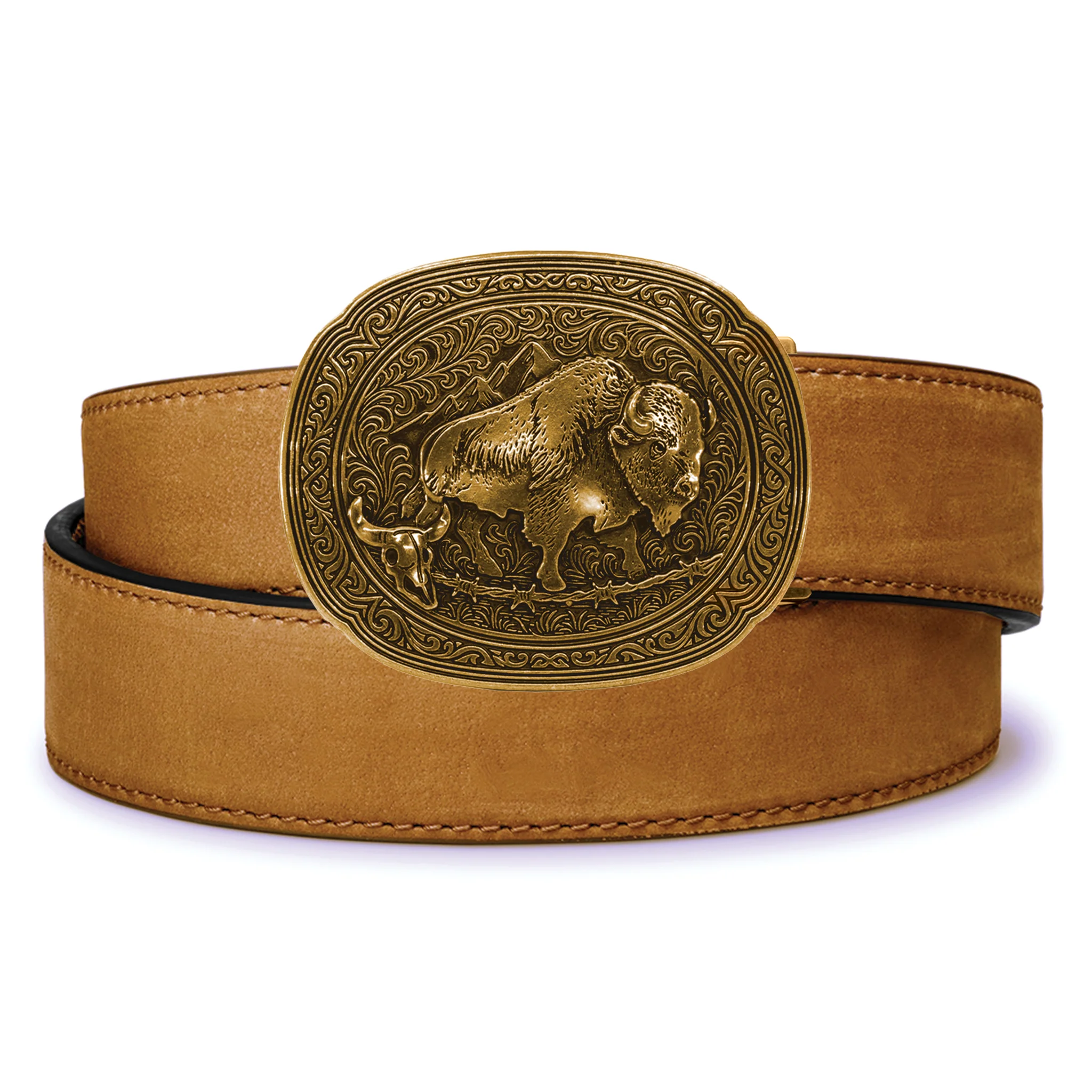 BISON ANTIQUE BRASS BUCKLE | BUFFALO LEATHER GUN BELT 1.5" - Image 4