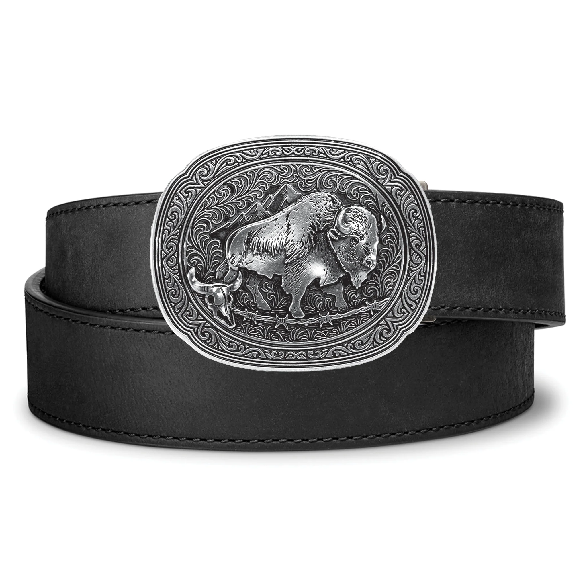 BISON ANTIQUE SILVER BUCKLE | BUFFALO LEATHER GUN BELT 1.5" - Image 2