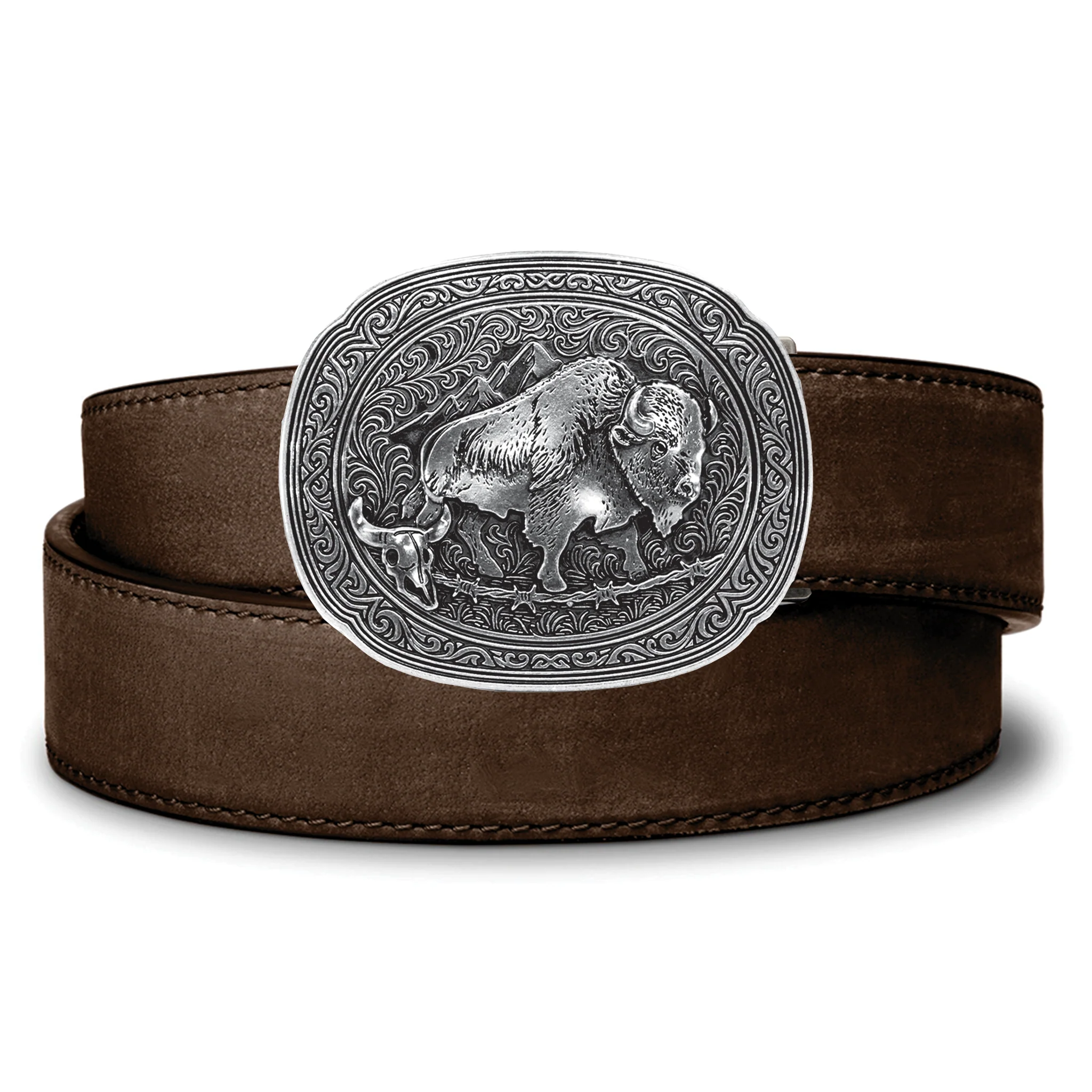 BISON ANTIQUE SILVER BUCKLE | BUFFALO LEATHER GUN BELT 1.5" - Image 3