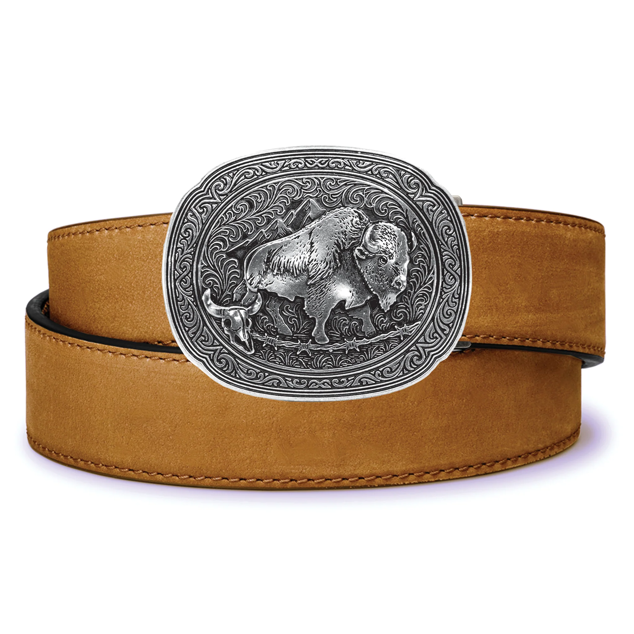 BISON ANTIQUE SILVER BUCKLE | BUFFALO LEATHER GUN BELT 1.5" - Image 4