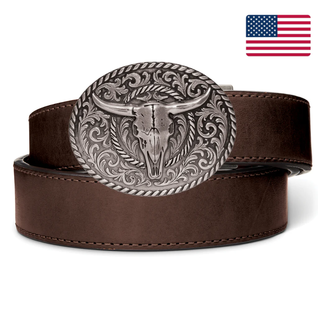 BULL SKULL ANTIQUE SILVER BUCKLE | BROWN LEATHER RANCH GUN BELT 1.5"