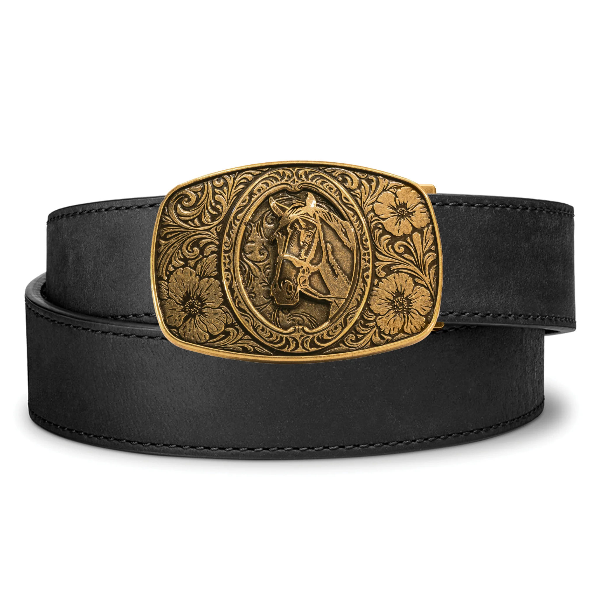 HORSE ANTIQUE BRASS BUCKLE | BUFFALO LEATHER GUN BELT 1.5" - Image 2