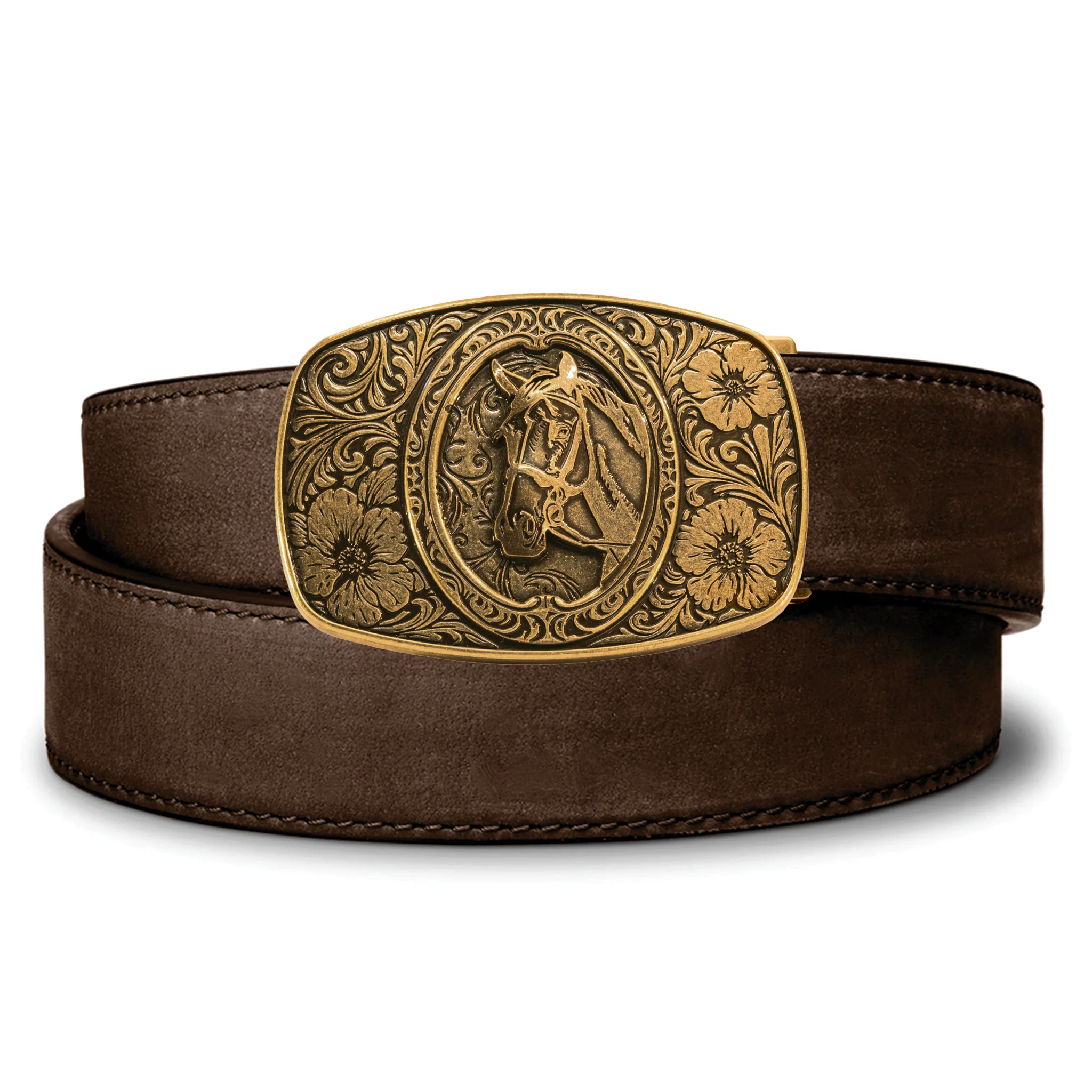 HORSE ANTIQUE BRASS BUCKLE | BUFFALO LEATHER GUN BELT 1.5" - Image 3