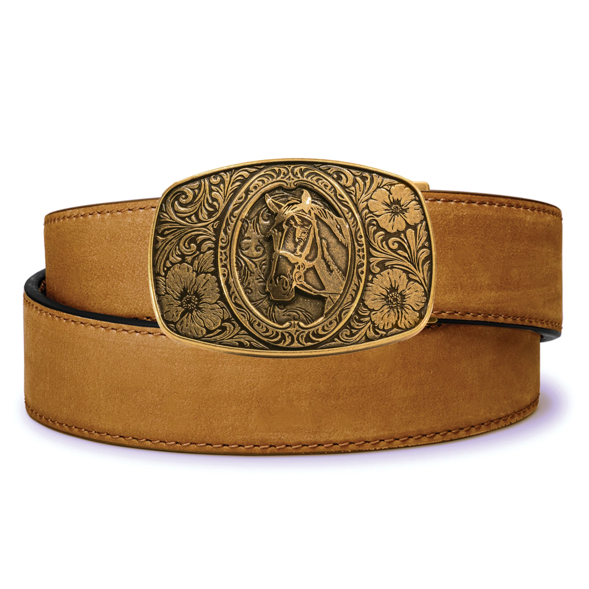 HORSE ANTIQUE BRASS BUCKLE | BUFFALO LEATHER GUN BELT 1.5" - Image 4