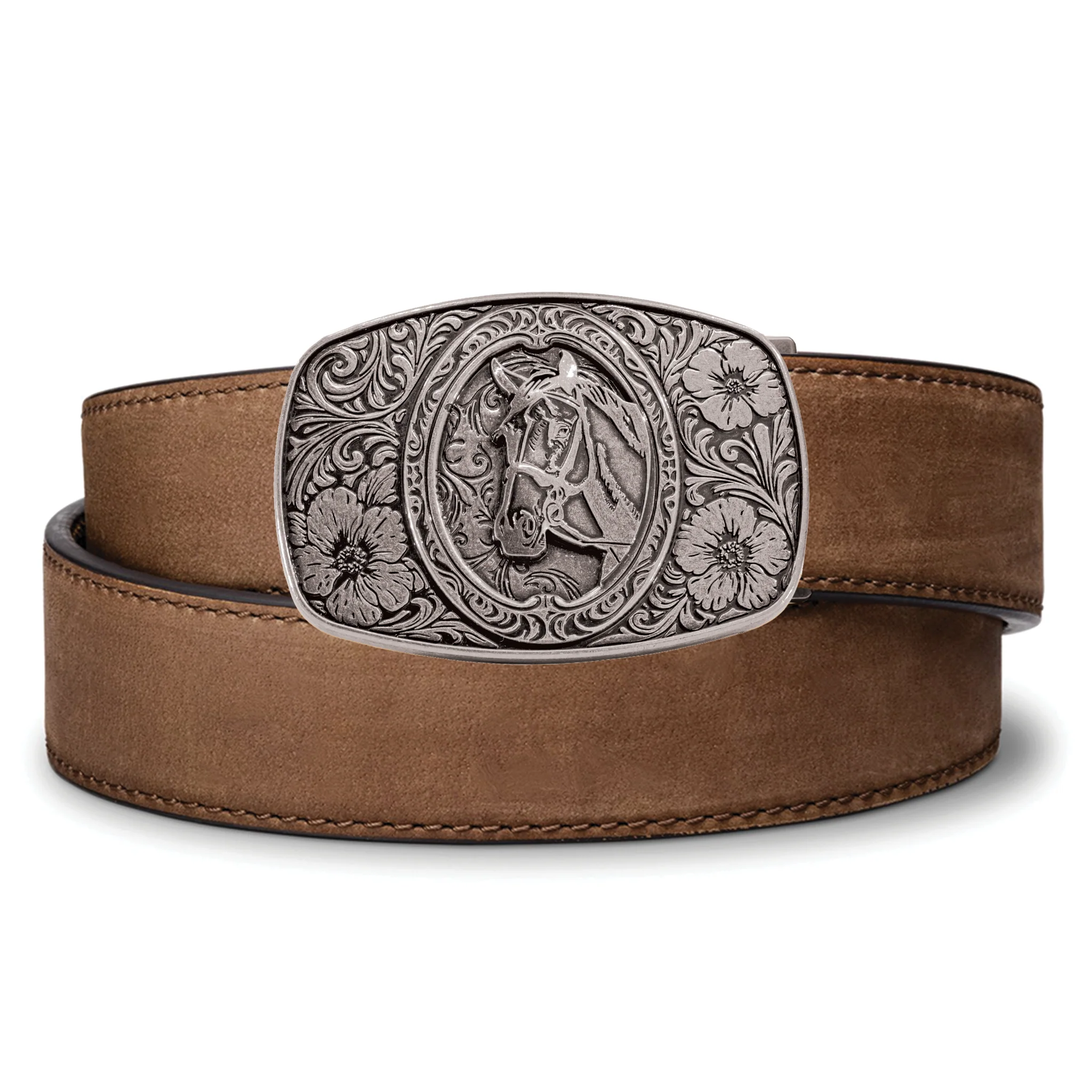 HORSE ANTIQUE SILVER BUCKLE | BUFFALO LEATHER GUN BELT 1.5"