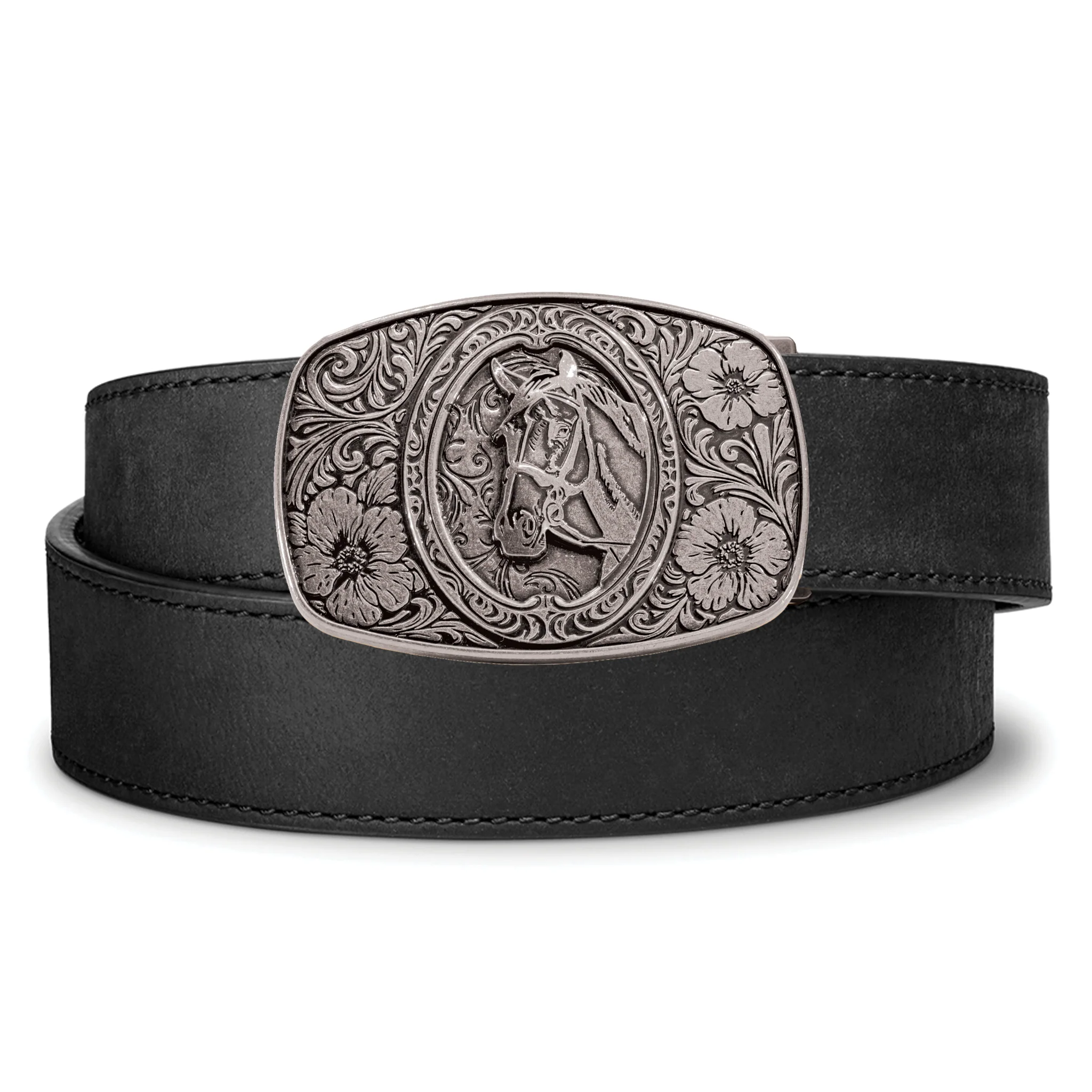HORSE ANTIQUE SILVER BUCKLE | BUFFALO LEATHER GUN BELT 1.5" - Image 2