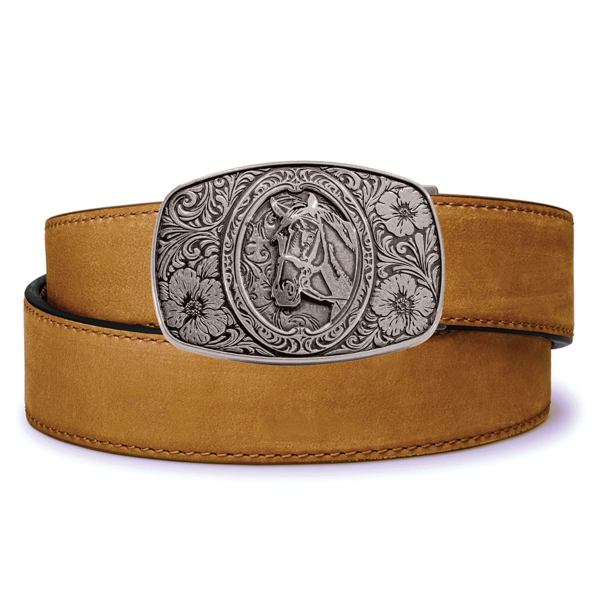 HORSE ANTIQUE SILVER BUCKLE | BUFFALO LEATHER GUN BELT 1.5" - Image 4