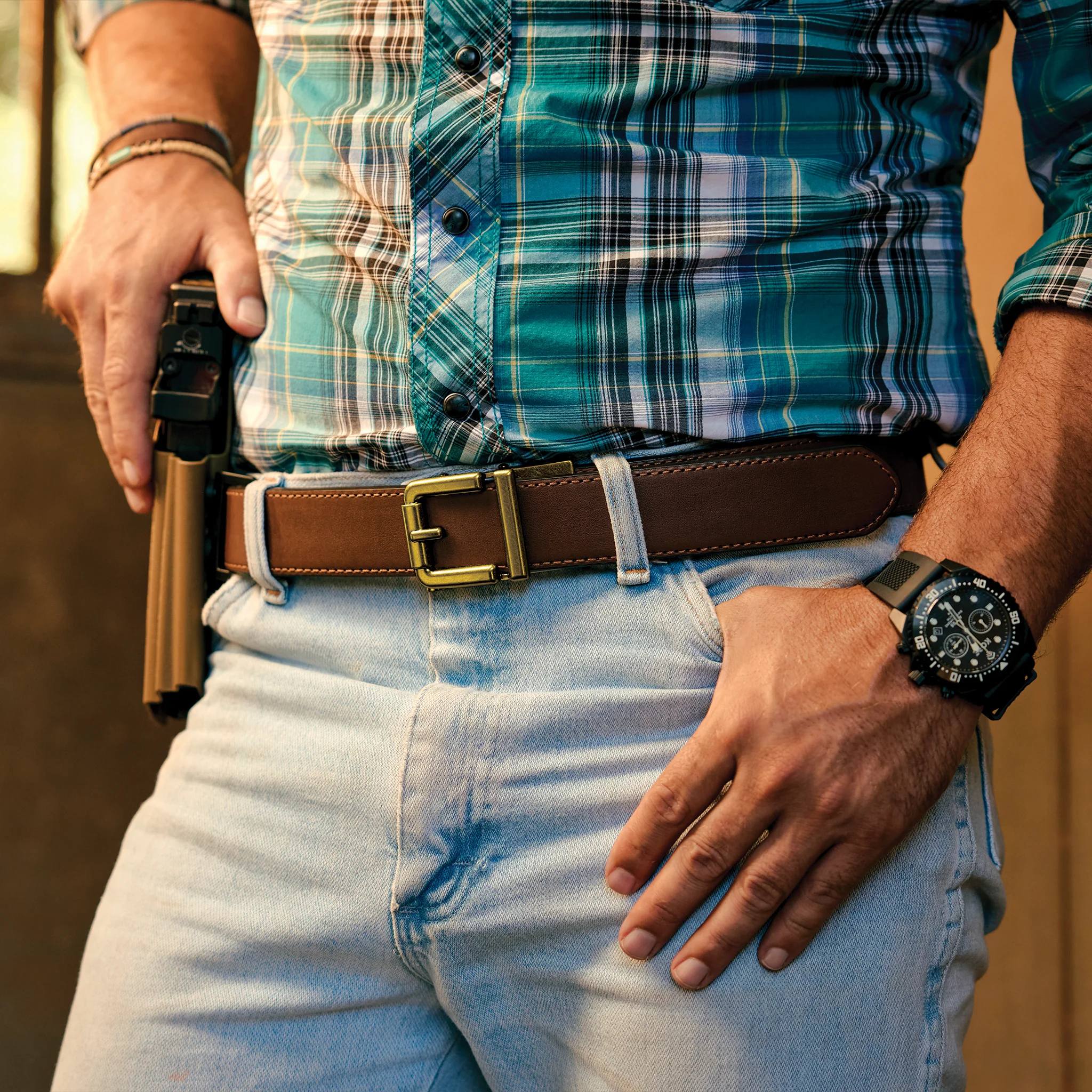 R1 ANTIQUE BRASS BUCKLE | TAN LEATHER RANCH GUN BELT 1.5" - Image 3